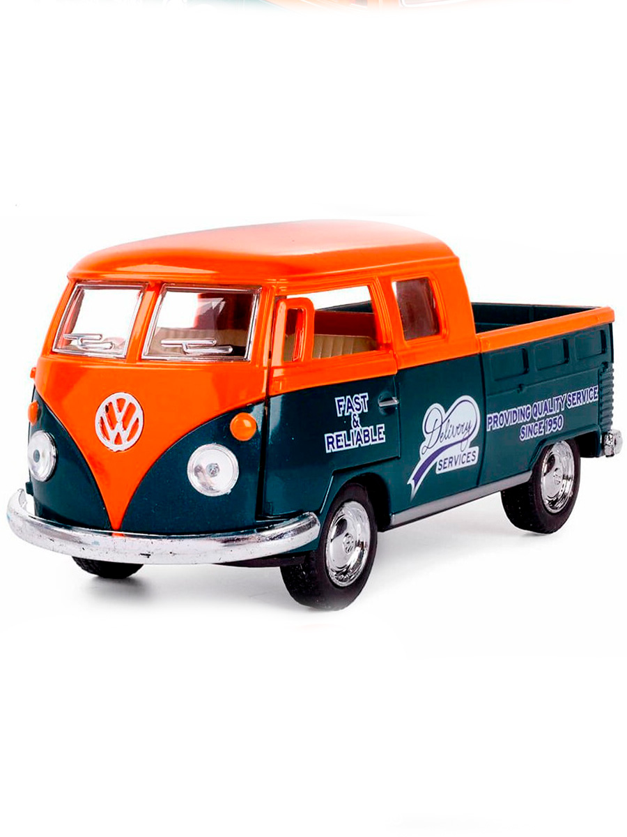 Металлическая машинка Kinsmart 1:34 «1963 Volkswagen Bus Double Cab Pickup (Delivery)» KT5396D инерционная / Оранжевый