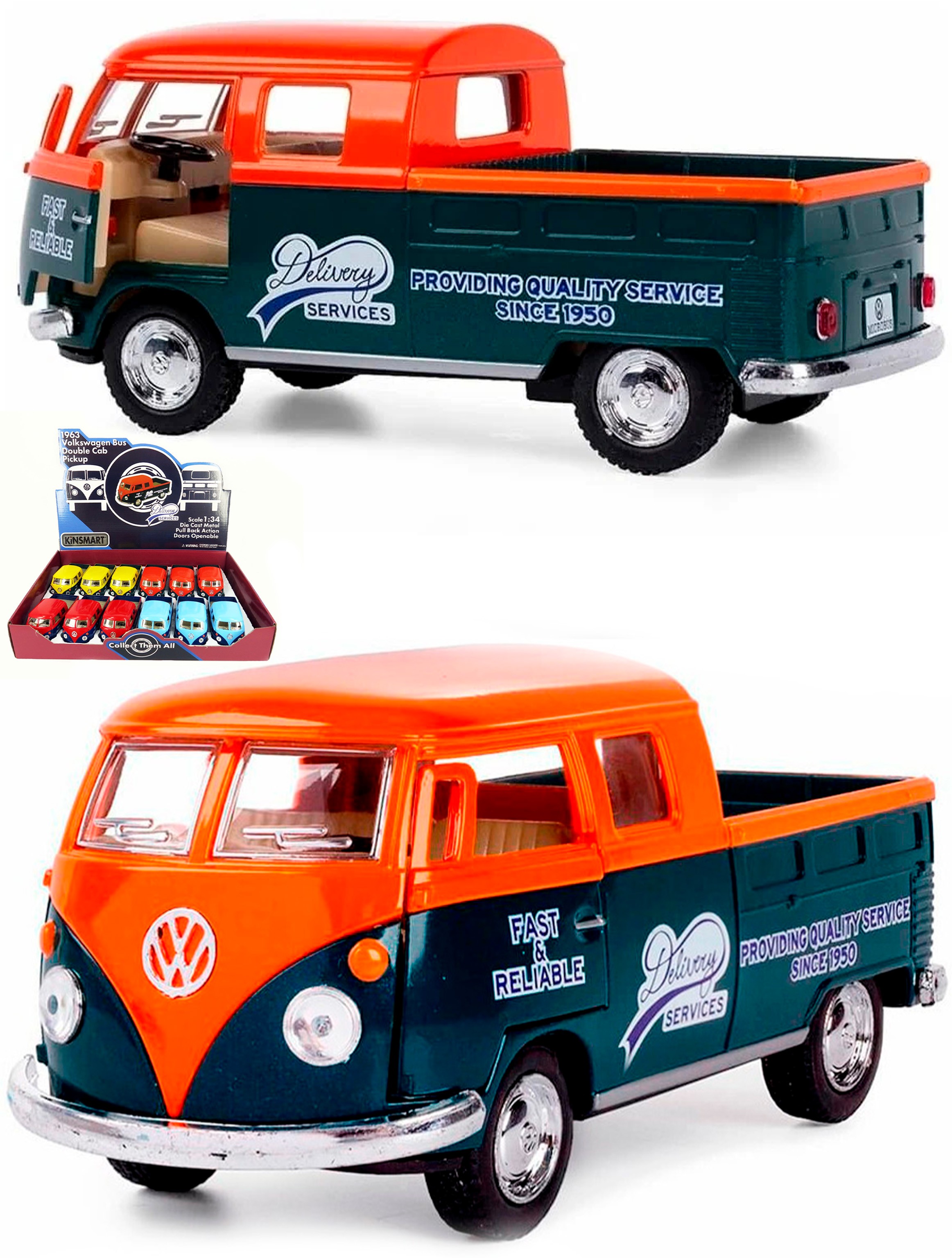 Металлическая машинка Kinsmart 1:34 «1963 Volkswagen Bus Double Cab Pickup (Delivery)» KT5396D инерционная / Оранжевый