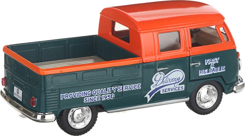 Металлическая машинка Kinsmart 1:34 «1963 Volkswagen Bus Double Cab Pickup (Delivery)» KT5396D инерционная / Оранжевый