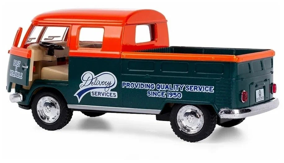 Металлическая машинка Kinsmart 1:34 «1963 Volkswagen Bus Double Cab Pickup (Delivery)» KT5396D инерционная / Оранжевый
