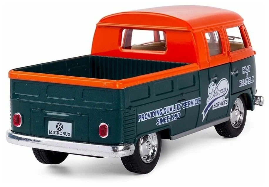 Металлическая машинка Kinsmart 1:34 «1963 Volkswagen Bus Double Cab Pickup (Delivery)» KT5396D инерционная / Оранжевый
