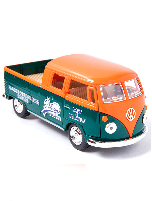 Металлическая машинка Kinsmart 1:34 «1963 Volkswagen Bus Double Cab Pickup (Delivery)» KT5396D инерционная / Оранжевый