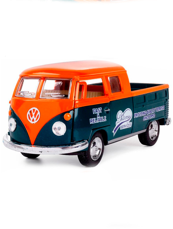Металлическая машинка Kinsmart 1:34 «1963 Volkswagen Bus Double Cab Pickup (Delivery)» KT5396D инерционная / Оранжевый