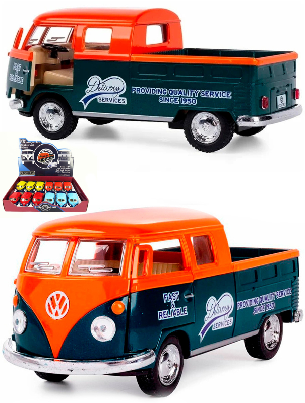 Металлическая машинка Kinsmart 1:34 «1963 Volkswagen Bus Double Cab Pickup (Delivery)» KT5396D инерционная / Оранжевый