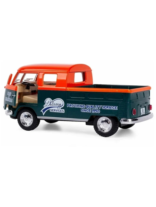 Металлическая машинка Kinsmart 1:34 «1963 Volkswagen Bus Double Cab Pickup (Delivery)» KT5396D инерционная / Оранжевый