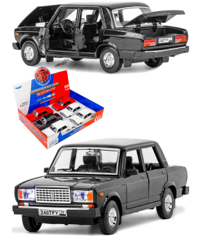 Машинка металлическая Kings Toy 1:24 «ВАЗ-2107 Жигули» FY2407-6D, 18 см., инерционная, звук, свет / Черный