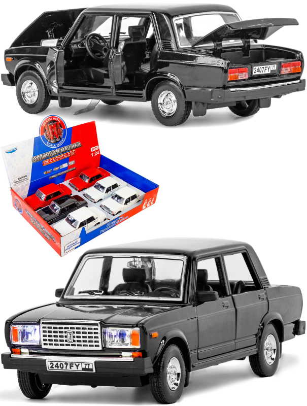 Машинка металлическая Kings Toy 1:24 «ВАЗ-2107 Жигули» FY2407-6D, 18 см., инерционная, звук, свет / Черный