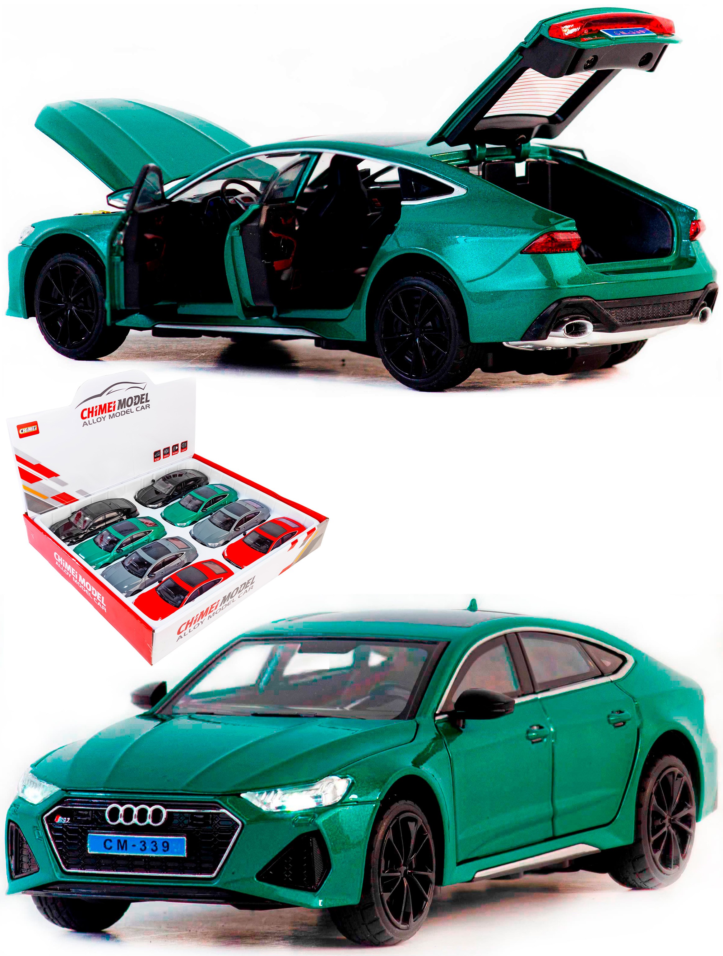 Металлическая машинка ChiMei Model 1:24 «Audi RS7» CM340, 21 см., инерционная, свет, звук / Зеленый