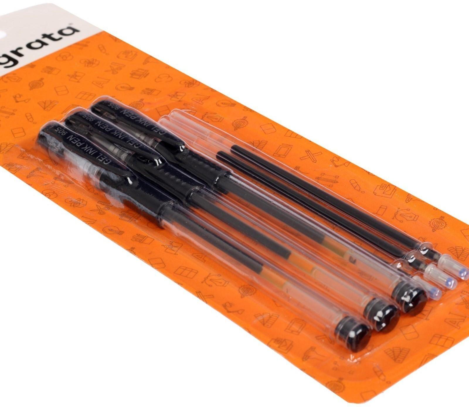 Набор гелевых ручек, 0.5 мм, 3 штуки + 3 чёрных стержня