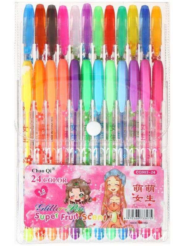 Набор гелевых ручек, 24 цвета, металлик, корпус с рисунком, в блистере на кнопке