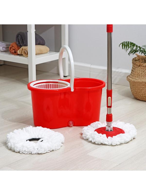 Швабра с отжимом и ведро на колёсиках с пластиковой центрифугой Доляна, 14 л, швабра, запасная насадка из микрофибры, цвет МИКС