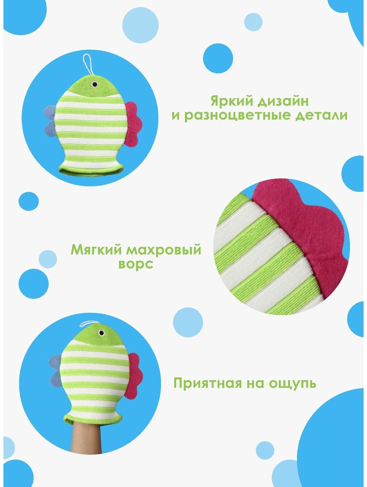 Мочалка-варежка детская для купания Доляна «Рыбка», 19×21 см, полосатая, цвет МИКС