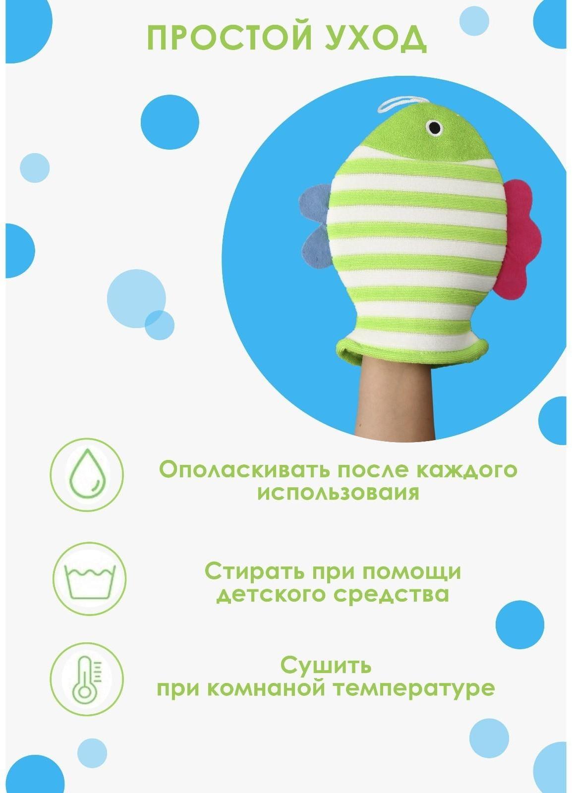 Мочалка-варежка детская для купания Доляна «Рыбка», 19×21 см, полосатая, цвет МИКС