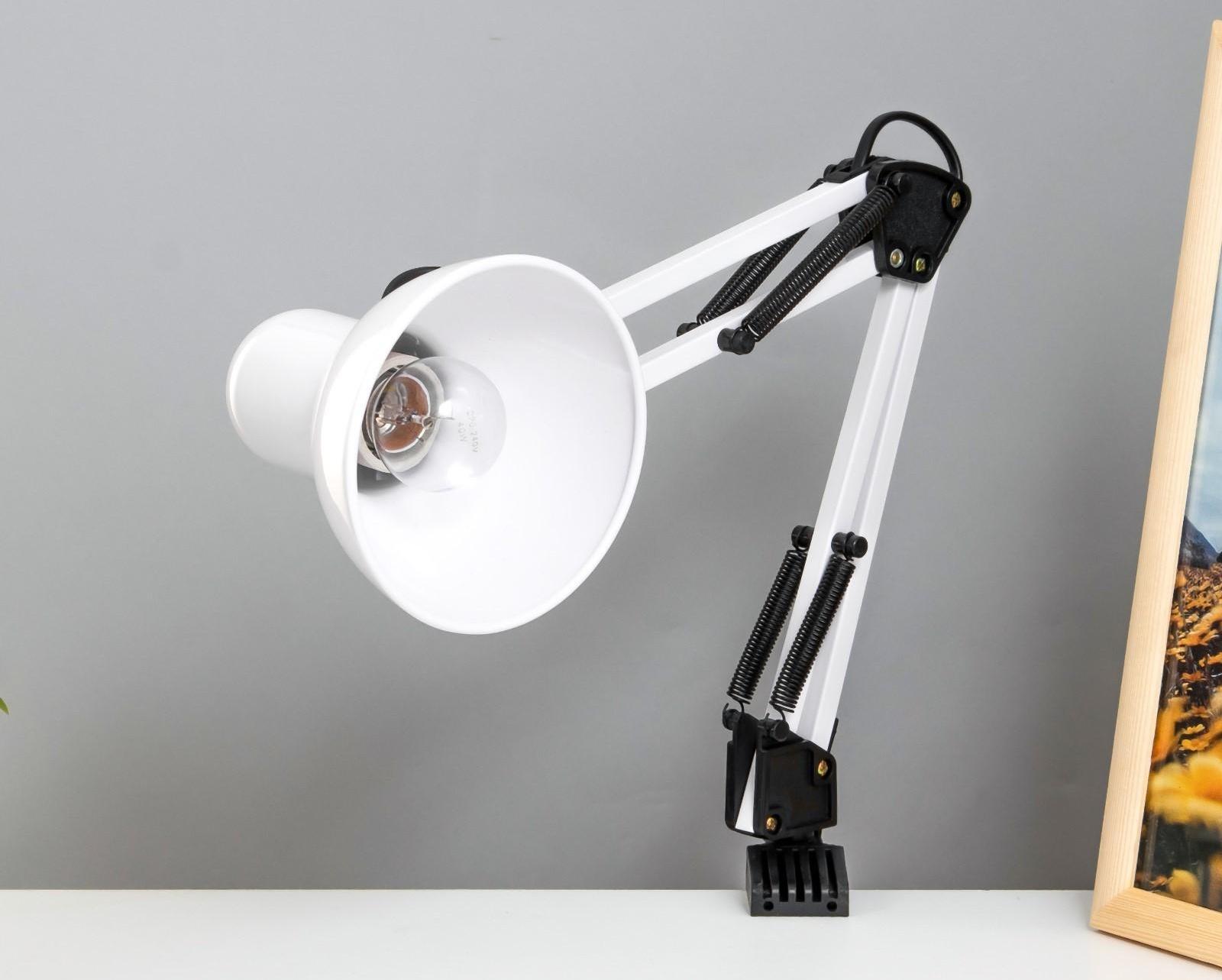 Лампа настольная Е27, h=55 см, шарнирная, на зажиме (220В) белая