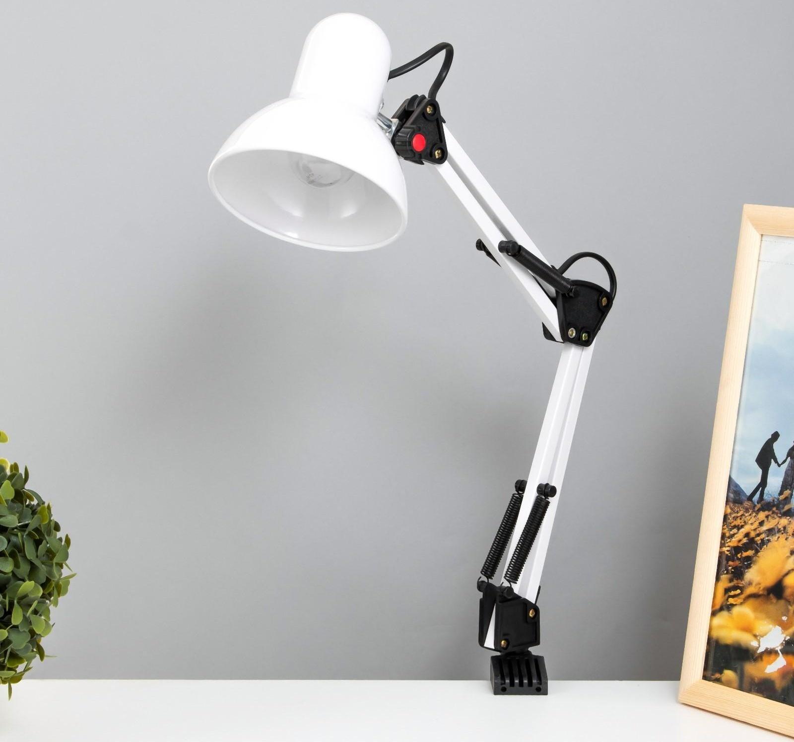 Лампа настольная Е27, h=55 см, шарнирная, на зажиме (220В) белая