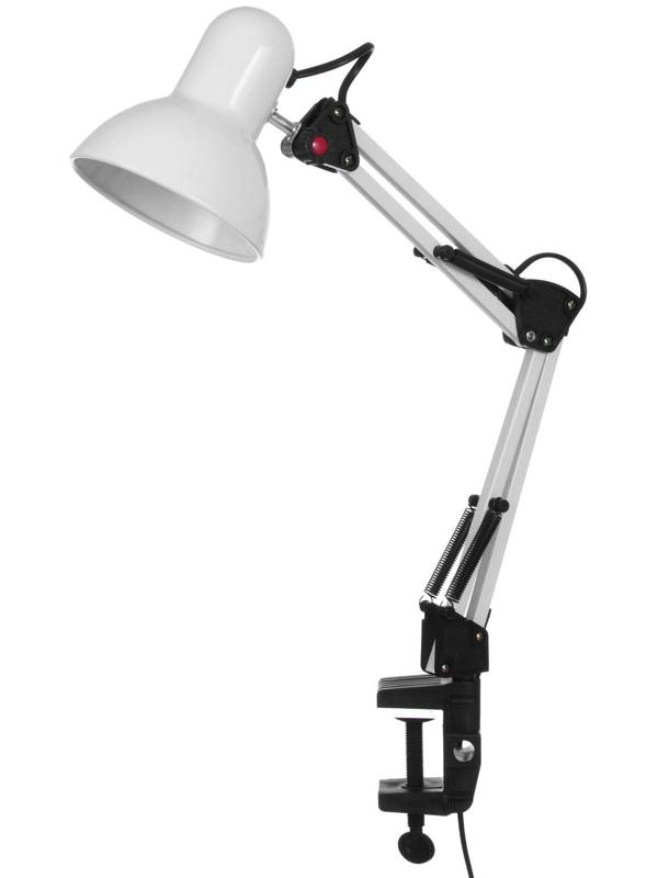 Лампа настольная Е27, h=55 см, шарнирная, на зажиме (220В) белая