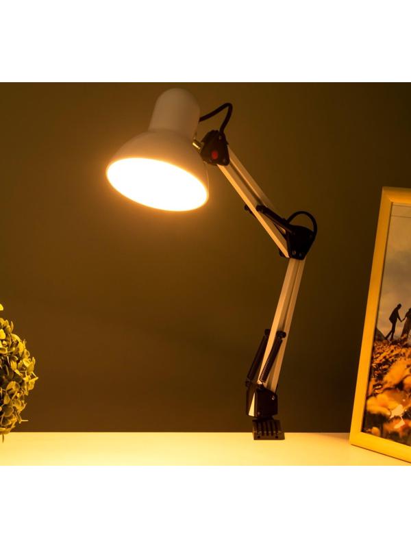 Лампа настольная Е27, h=55 см, шарнирная, на зажиме (220В) белая