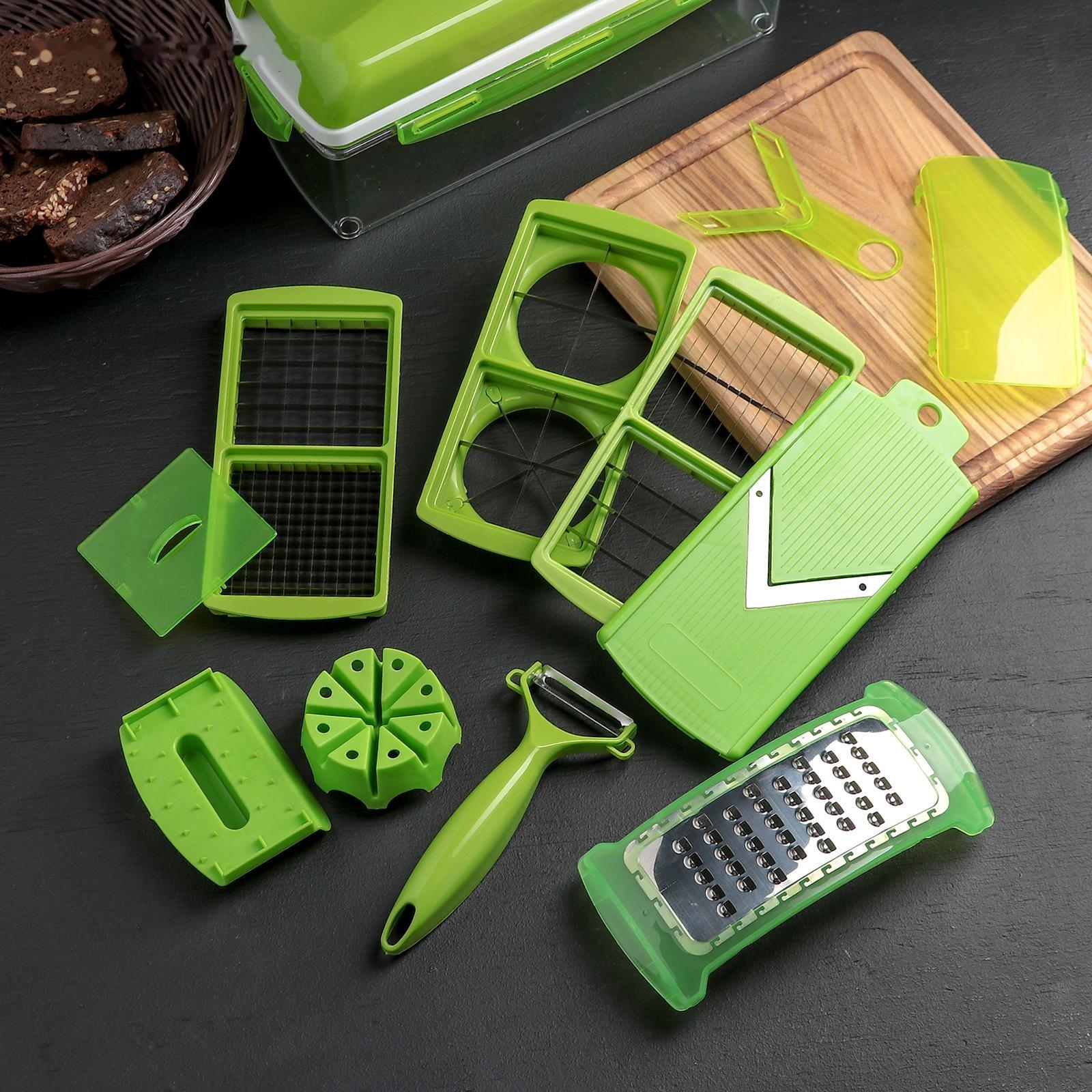 Тёрка с лотком Доляна «Фреш Флеш», 7 насадок, 27×10×12 см, цвет зелёный, белый