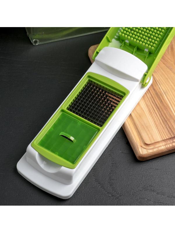 Тёрка с лотком Доляна «Фреш Флеш», 7 насадок, 27×10×12 см, цвет зелёный, белый