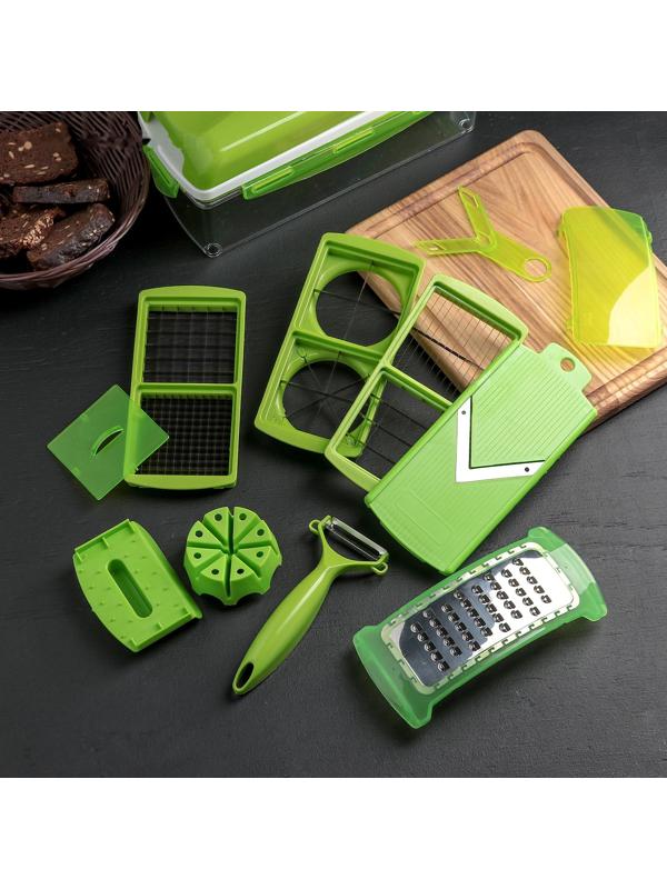 Тёрка с лотком Доляна «Фреш Флеш», 7 насадок, 27×10×12 см, цвет зелёный, белый