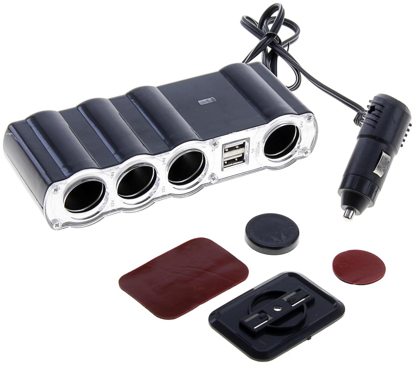 Разветвитель прикуривателя, 4 гнезда, 2 USB 1 А, 60 Вт, 12/24 В, провод 60 см