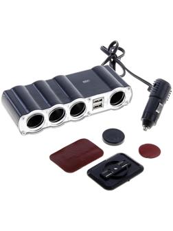 Разветвитель прикуривателя, 4 гнезда, 2 USB 1 А, 60 Вт, 12/24 В, провод 60 см
