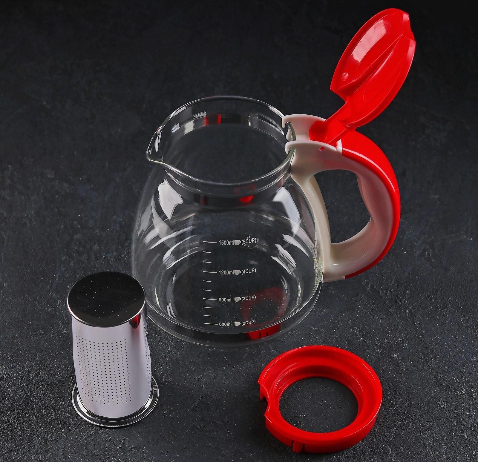 Чайник стеклянный заварочный, 1,5 л, с металлическим ситом, цвет МИКС