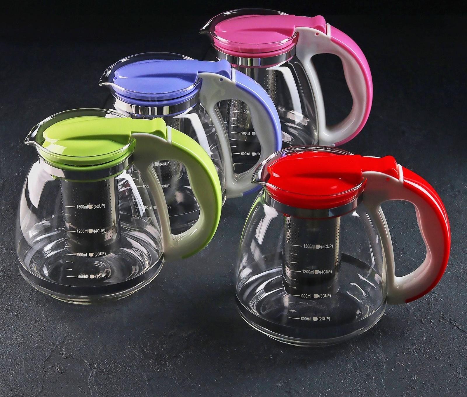 Чайник стеклянный заварочный, 1,5 л, с металлическим ситом, цвет МИКС