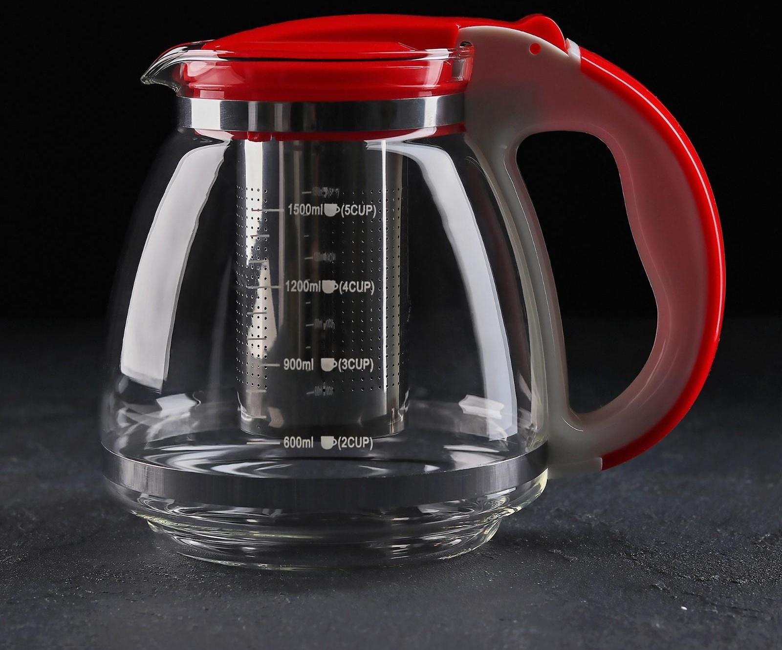 Чайник стеклянный заварочный, 1,5 л, с металлическим ситом, цвет МИКС