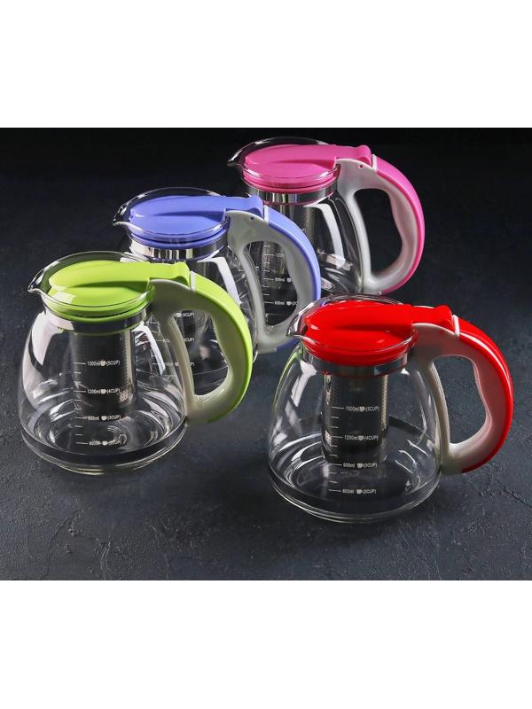 Чайник стеклянный заварочный, 1,5 л, с металлическим ситом, цвет МИКС