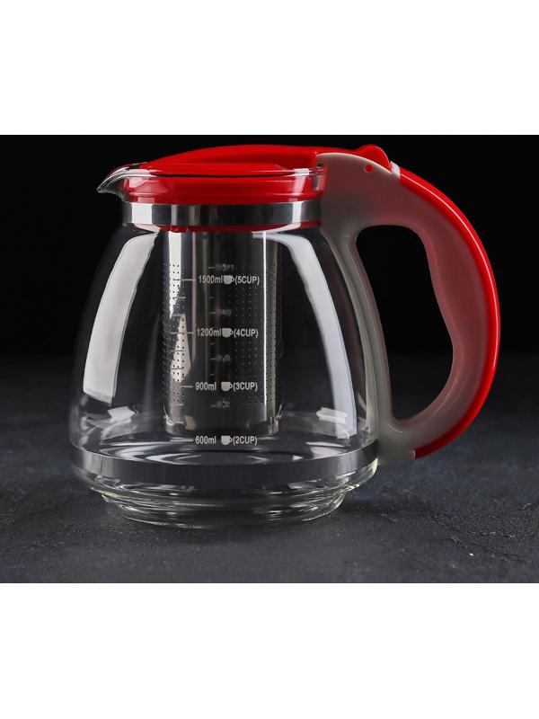 Чайник стеклянный заварочный, 1,5 л, с металлическим ситом, цвет МИКС