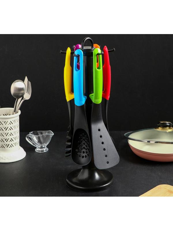Набор кухонных принадлежностей Доляна «Монпансье», 6 предметов, на подставке, цвет МИКС