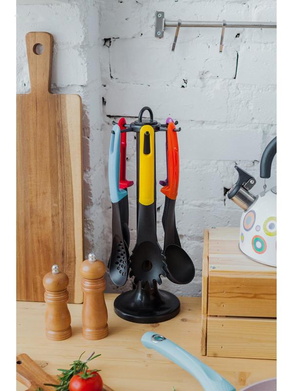 Набор кухонных принадлежностей Доляна «Монпансье», 6 предметов, на подставке, цвет МИКС