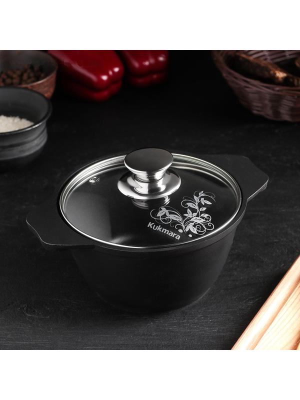 Кастрюля «Традиция», 1 л, 23×18×9 см, стеклянная крышка, антипригарное покрытие, цвет чёрный