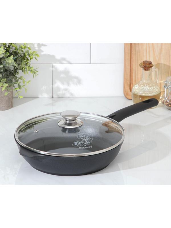 Сковорода «Традиция», d=24 см, стеклянная крышка, съёмная ручка, антипригарное покрытие, цвет чёрный