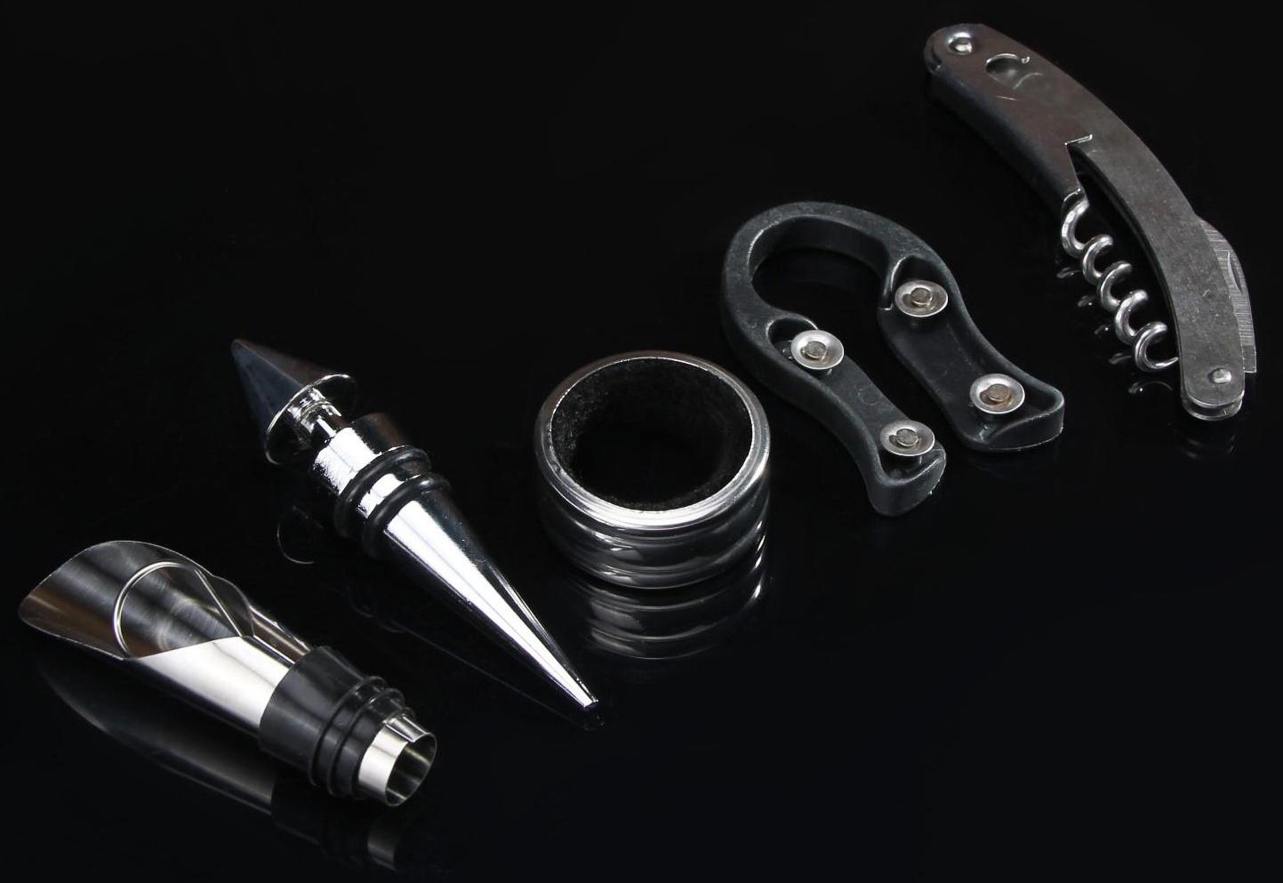 Набор для вина Доляна, 6 предметов: кейс для бутылки, каплеуловитель, штопор, пробка, кольцо, нож для фольги