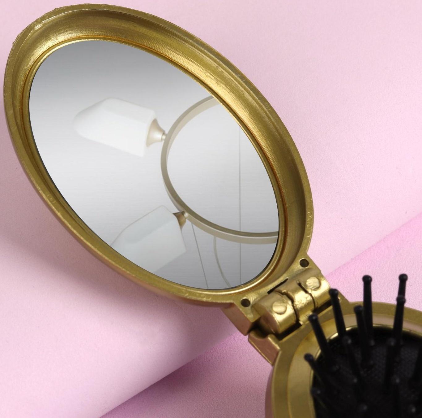 Расчёска массажная «Перламутровая роза», складная, с зеркалом, 5,5 × 9 см, цвет МИКС