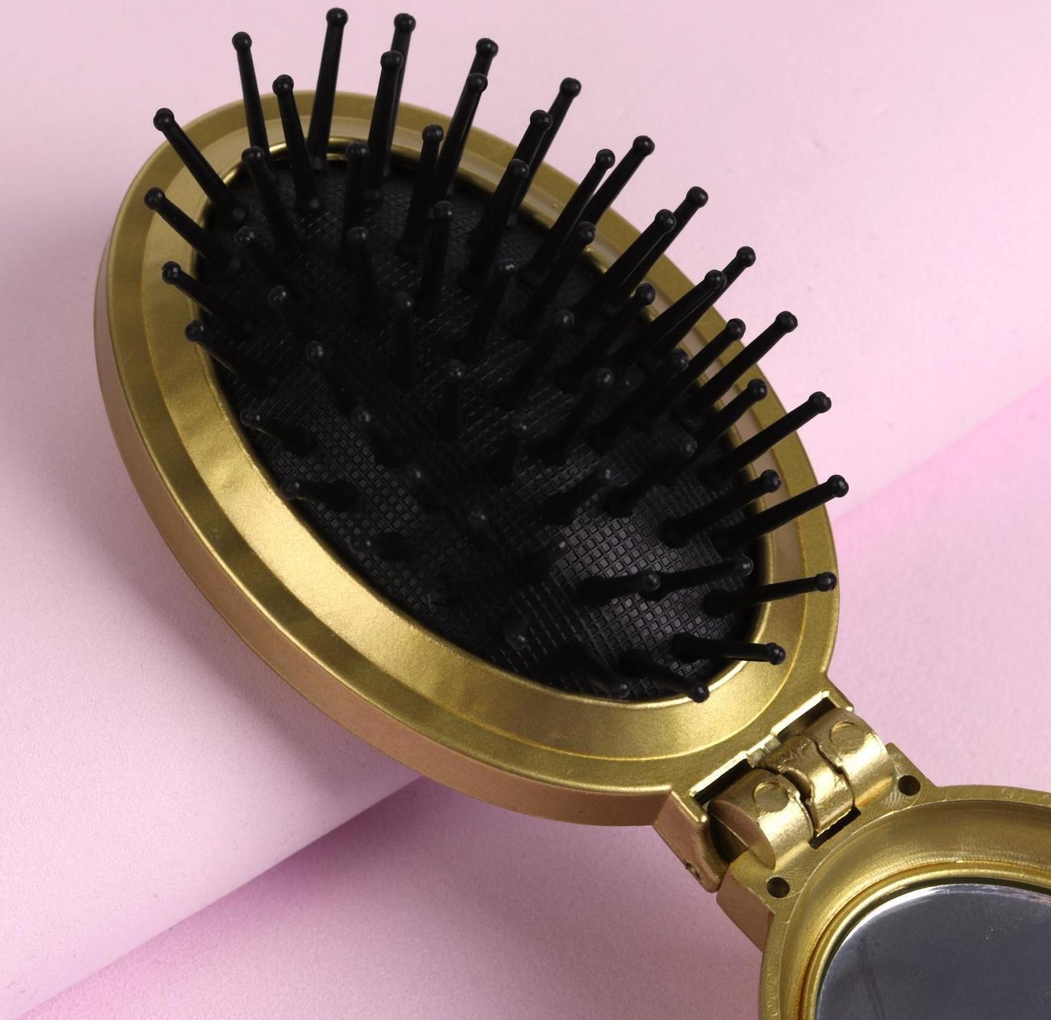 Расчёска массажная «Перламутровая роза», складная, с зеркалом, 5,5 × 9 см, цвет МИКС