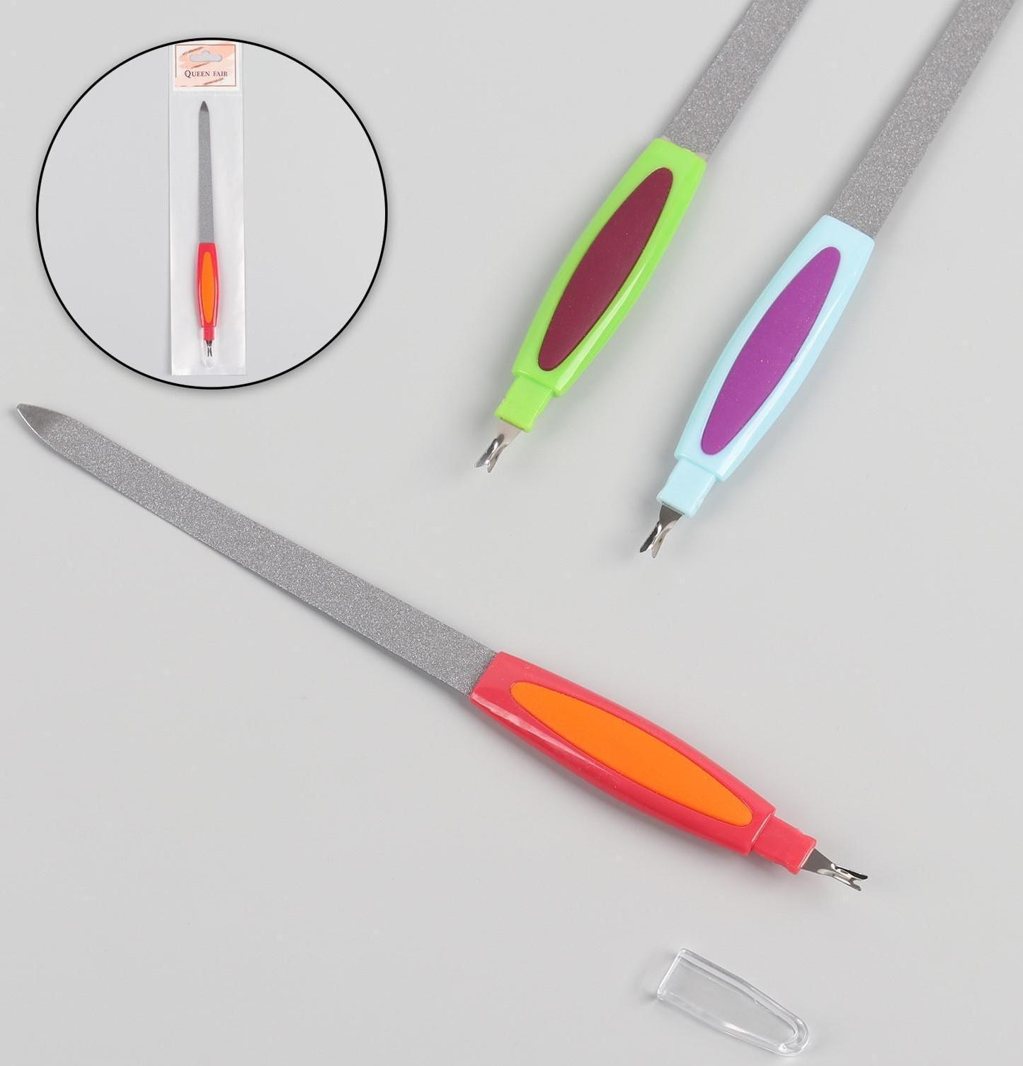 Пилка-триммер металлическая для ногтей, прорезиненная ручка, с защитным колпачком, 19 см, цвет МИКС