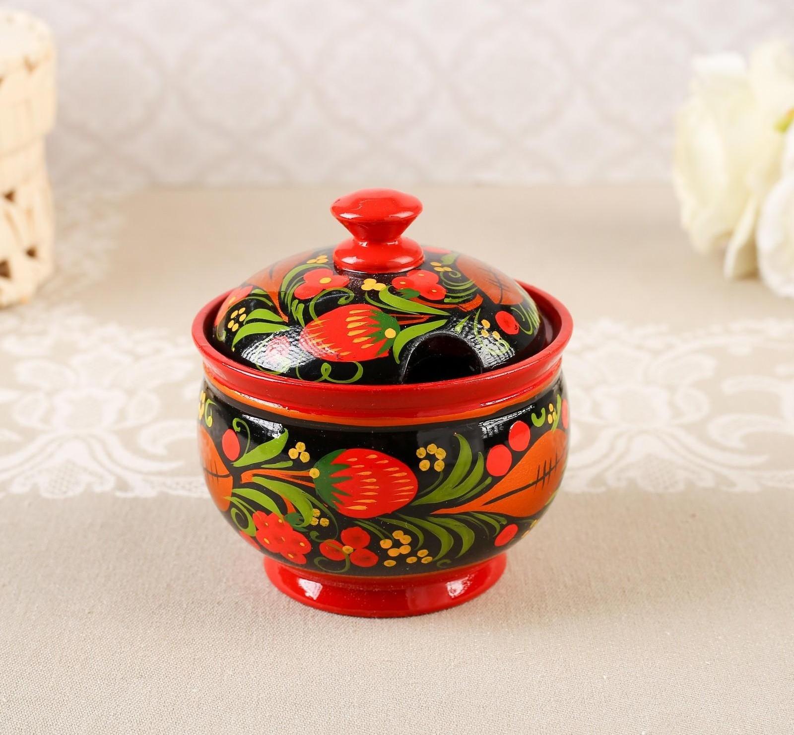 Сахарница, с ложкой, 10×9 см, хохлома