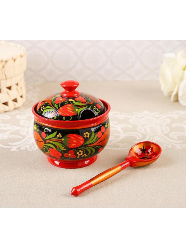 Сахарница, с ложкой, 10×9 см, хохлома