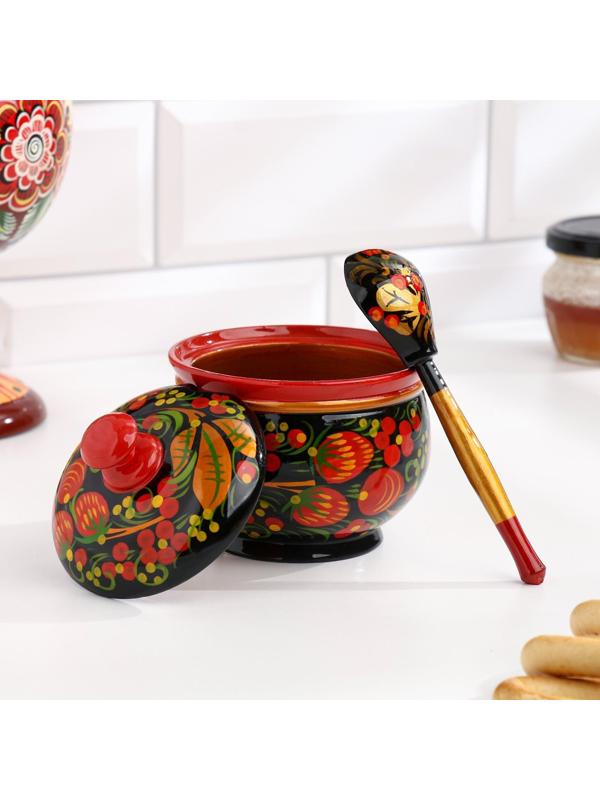 Сахарница, с ложкой, 10×9 см, хохлома