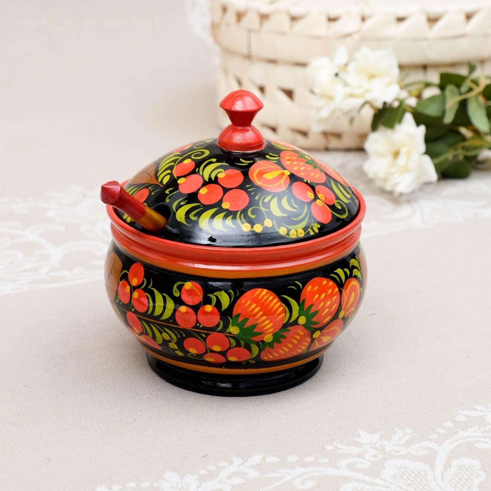 Сахарница«Ягодка», с ложкой, 10.5×11 см, хохлома