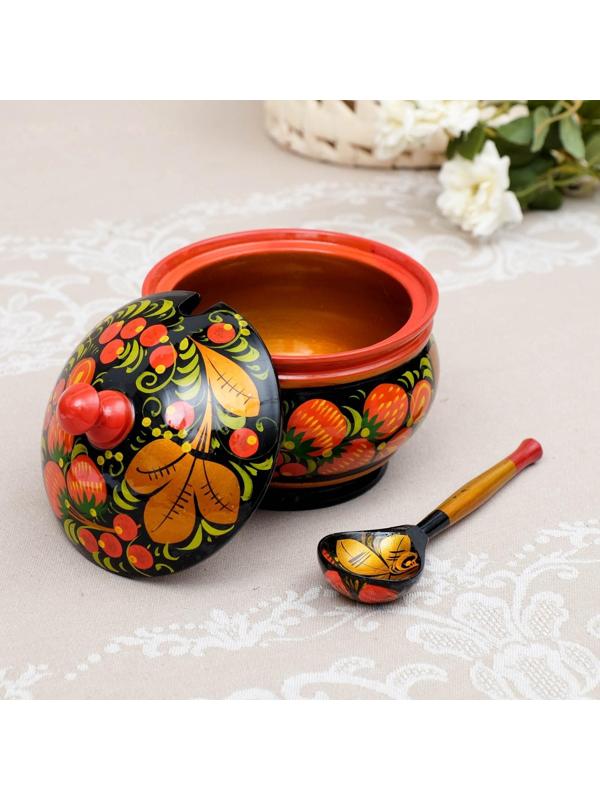 Сахарница«Ягодка», с ложкой, 10.5×11 см, хохлома