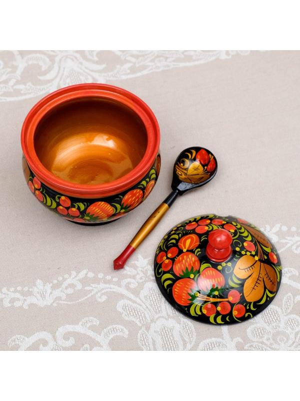 Сахарница«Ягодка», с ложкой, 10.5×11 см, хохлома