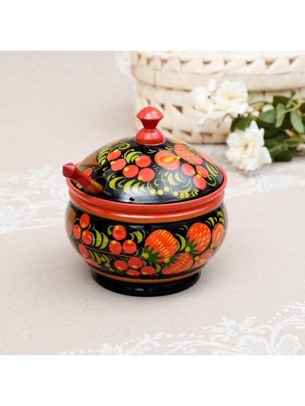 Сахарница«Ягодка», с ложкой, 10.5×11 см, хохлома