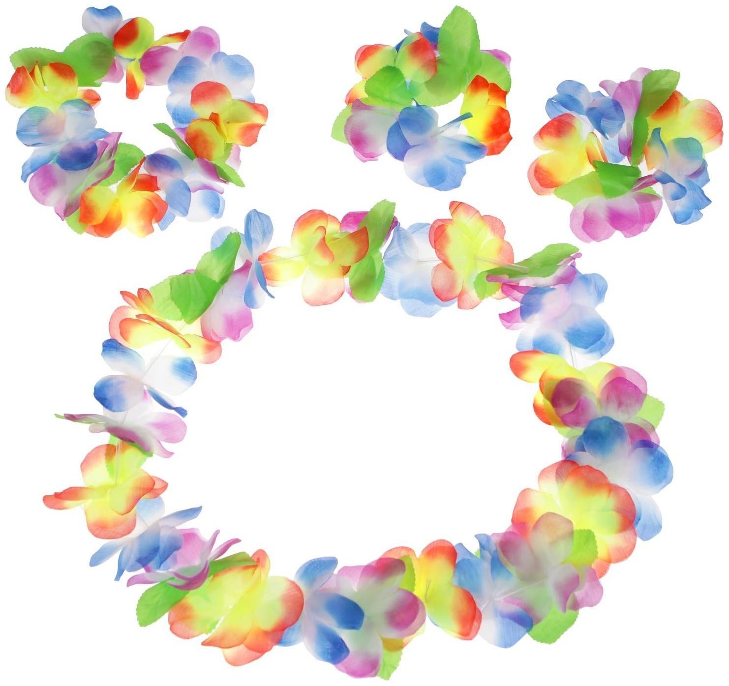 Набор гавайская тема 4 в 1: ожерелье, венок, 2 браслета, многоцветные цветы