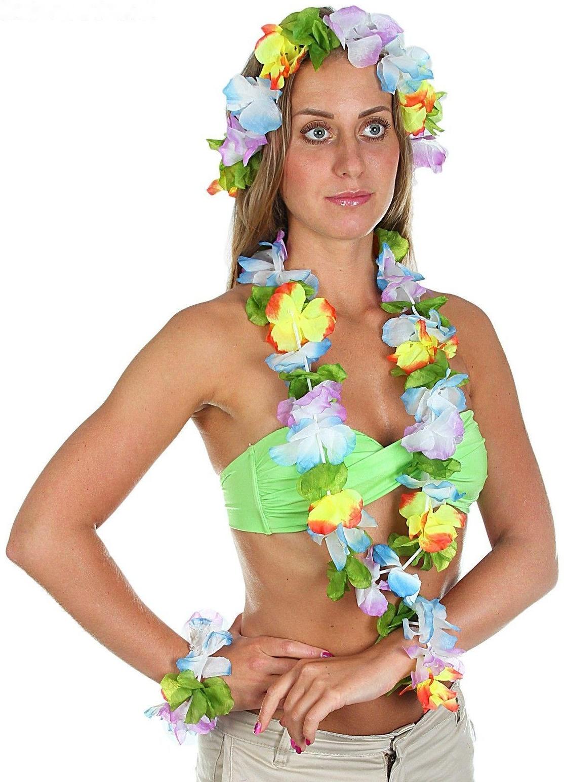 Набор гавайская тема 4 в 1: ожерелье, венок, 2 браслета, многоцветные цветы