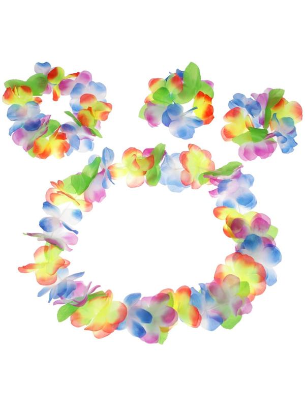 Набор гавайская тема 4 в 1: ожерелье, венок, 2 браслета, многоцветные цветы