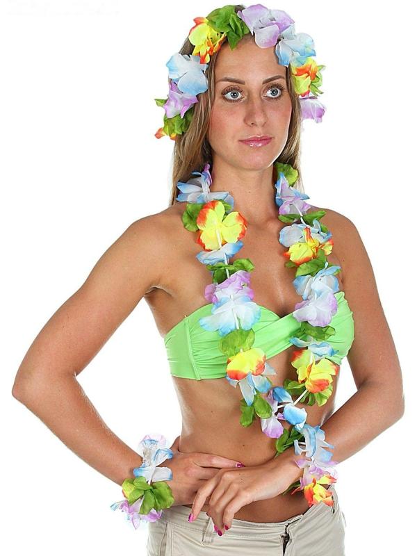 Набор гавайская тема 4 в 1: ожерелье, венок, 2 браслета, многоцветные цветы